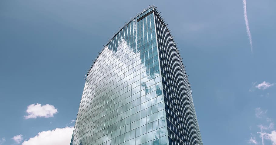 glass-curtain building, architecture, building, infrastructure, cloud, reflection, sky, skyscraper, tower, city