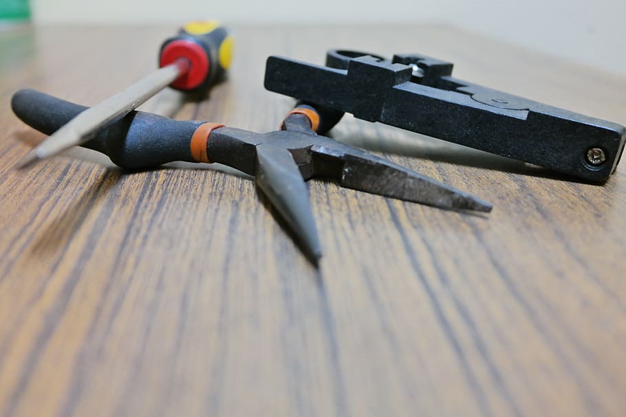 screwdriver, tweezers, network, metal, still life, wood - material, work tool, table, indoors, close-up