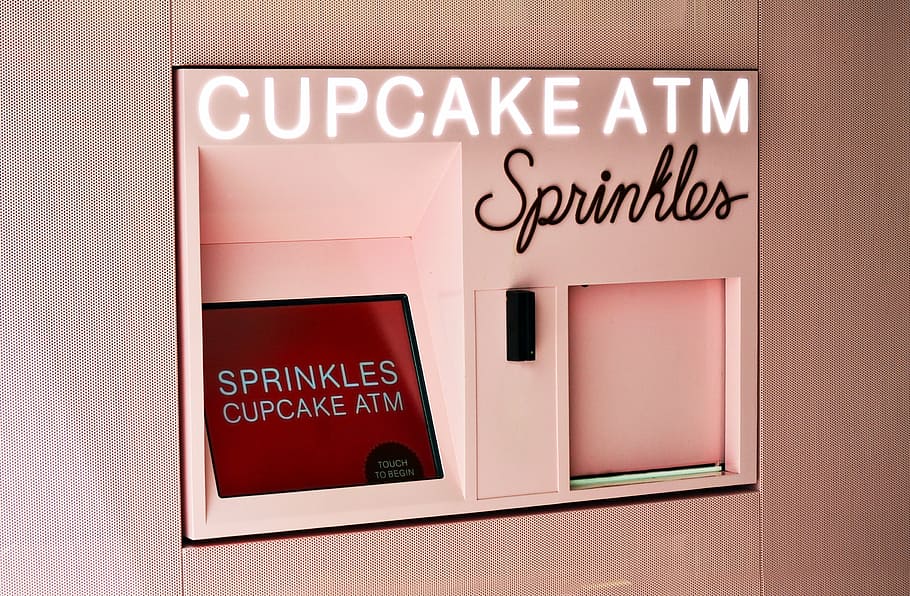 ピンク, カップケーキatmマシン, atm, カップケーキ, クッキー, 自動販売機, スタイル, デザート, スナック, お菓子