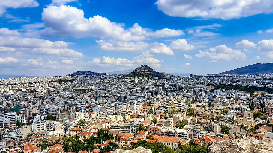Atenas, colina, ciudad, vista, escénica, cielo, nubes, viajes, destino, griego