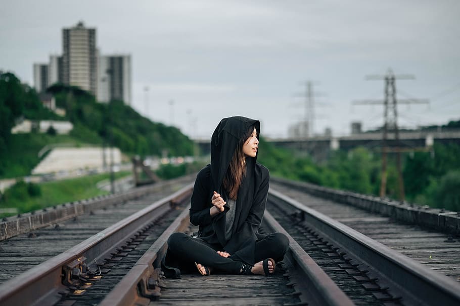 railroad tracks, sitting, woman, girl, asian, hipster, tracks, chinese, korean, japanese