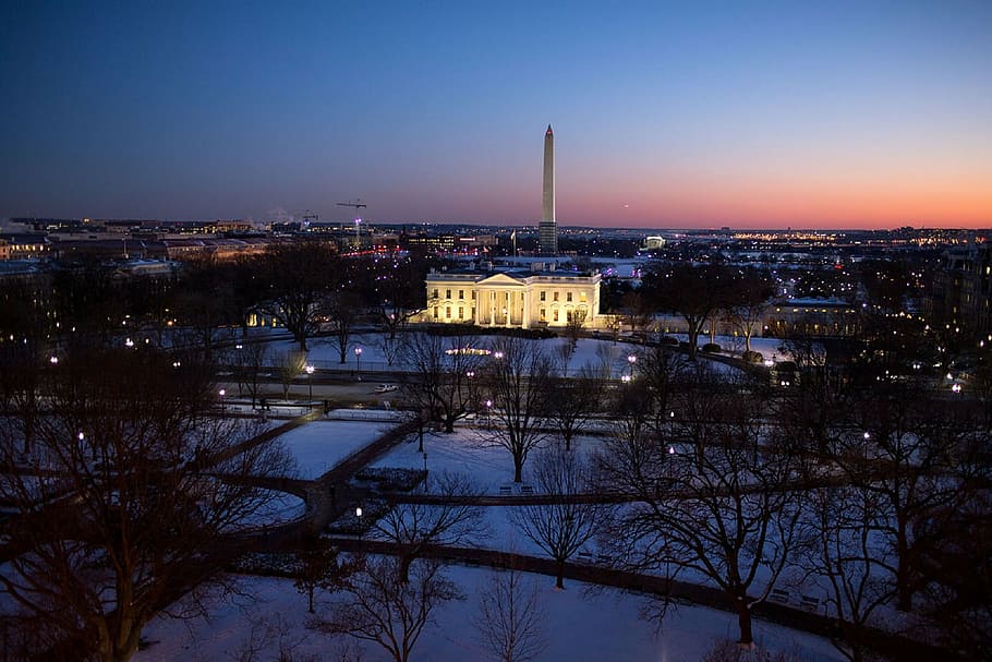 white house, mansion, president, home, sunset, dusk, snow, architecture, building, icon