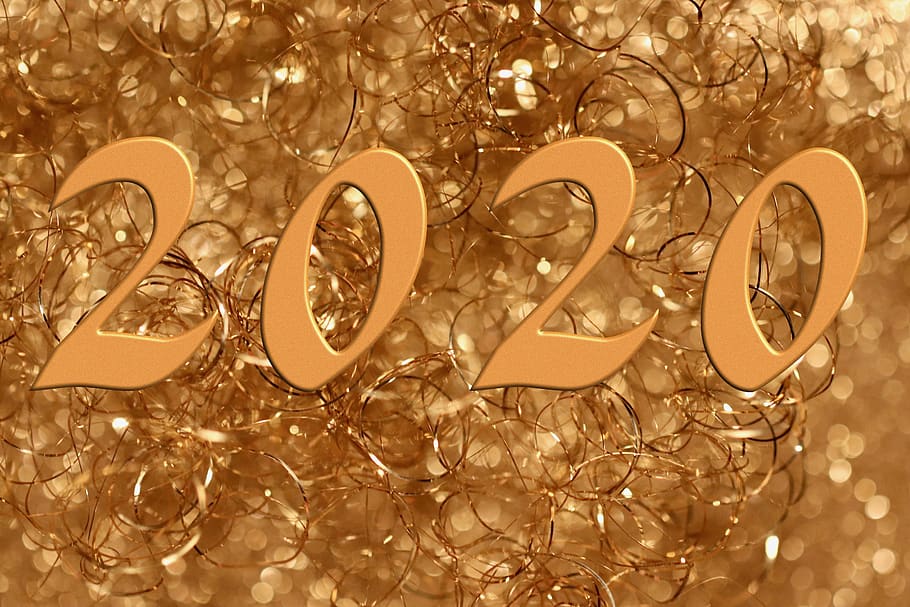día de año nuevo, víspera de año nuevo, 2020, saludos de año nuevo, cambio de año, suerte, tarjeta de felicitación, brillo, dorado, riqueza