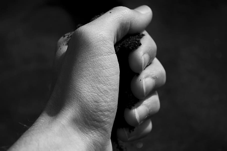 gray, scale photo, person, holding, soil, gray scale, hand, fist, dust, grip