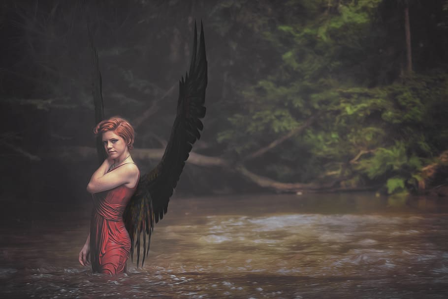 angel, red, black, wing, archangel, water, forest, romantic, fantasy, composing