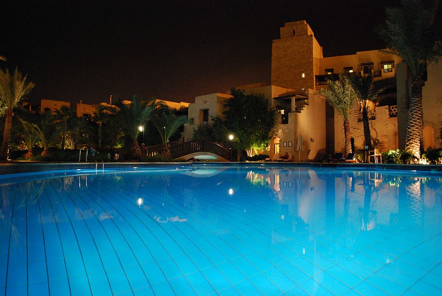Desert, Jordan, Oasis, Middle East, holiday, luxury, swimming pool, water, night, illuminated