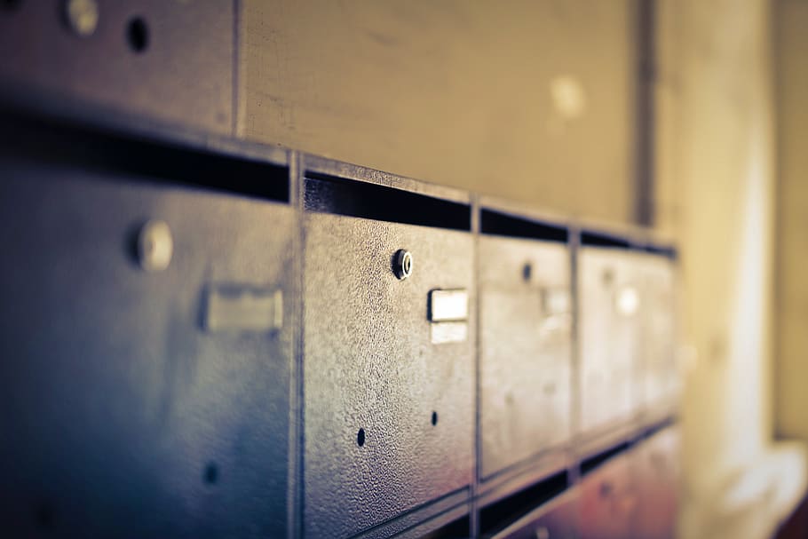 post, boxes, indoors, building, city, delivery, locked, metal, filing cabinet, selective focus