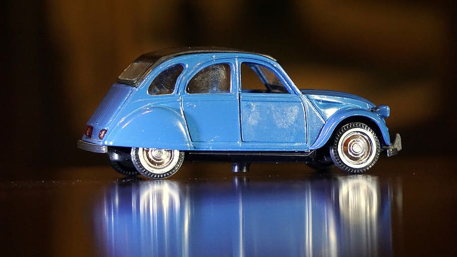 blue die-cast car, automobile, toy, antique auto, vintage, citroën, two cavallos, blue, car, old