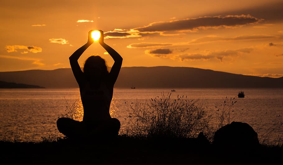 woman, green, field, sitting, sunset, sun, holding, yoga, female, nature