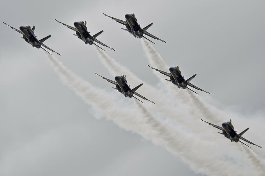 seis, aviões de combate, nuvens nimbus, anjos azuis, marinha, precisão, aviões, treinamento, missão, manobras