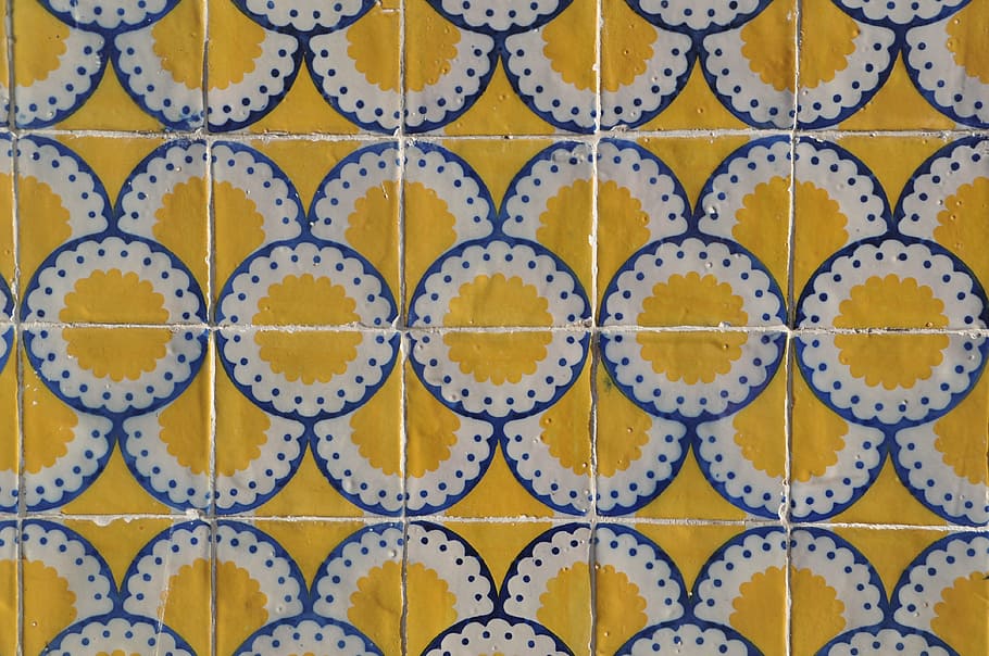 yellow, white, floor tiles, tile, hauswand, portugal, house facade, pattern, backgrounds, abstract