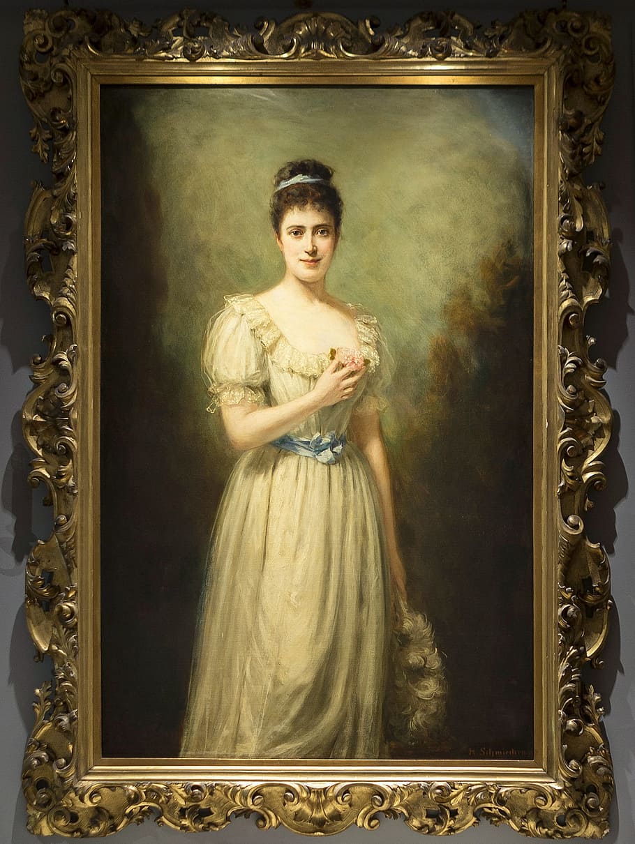 portrait before marriage, margaret greville, owner polsden lacey, edwardian country house, wealth, socialite, portrait, looking at camera, one person, dress