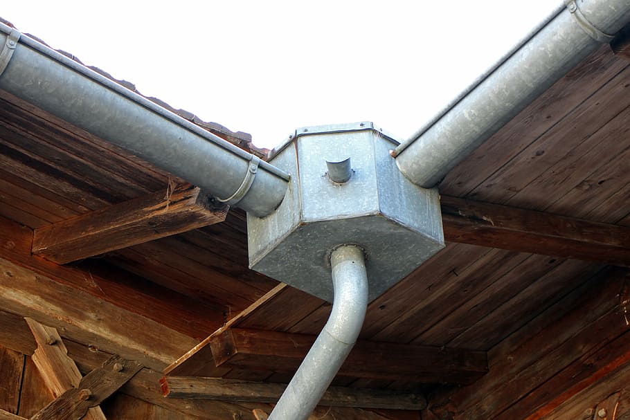 gray, steel ceiling drainage, gutter, rainwater, downpipe, box, clip, water, container, channel box