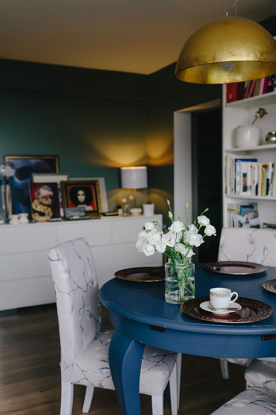 Azul, moderno, interior, diseño de interiores, sala, hogar, contemporáneo, apartamento, elegante, comedor
