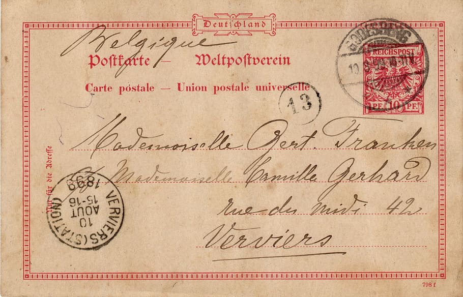 papel pardo, cartão postal, saudade, velho, selo, alemanha, fonte, 1899, sair, texto