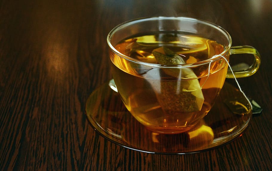 bege, xícara de chá de vidro, pires, topo, marrom, de madeira, superfície, chávena de chá, saquinhos de chá, copo