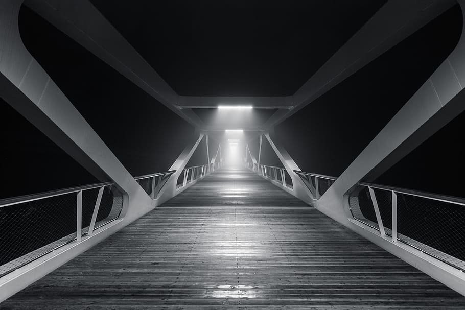 bridge, wood, architecture, lights, dark, night, evening, the way forward, direction, railing