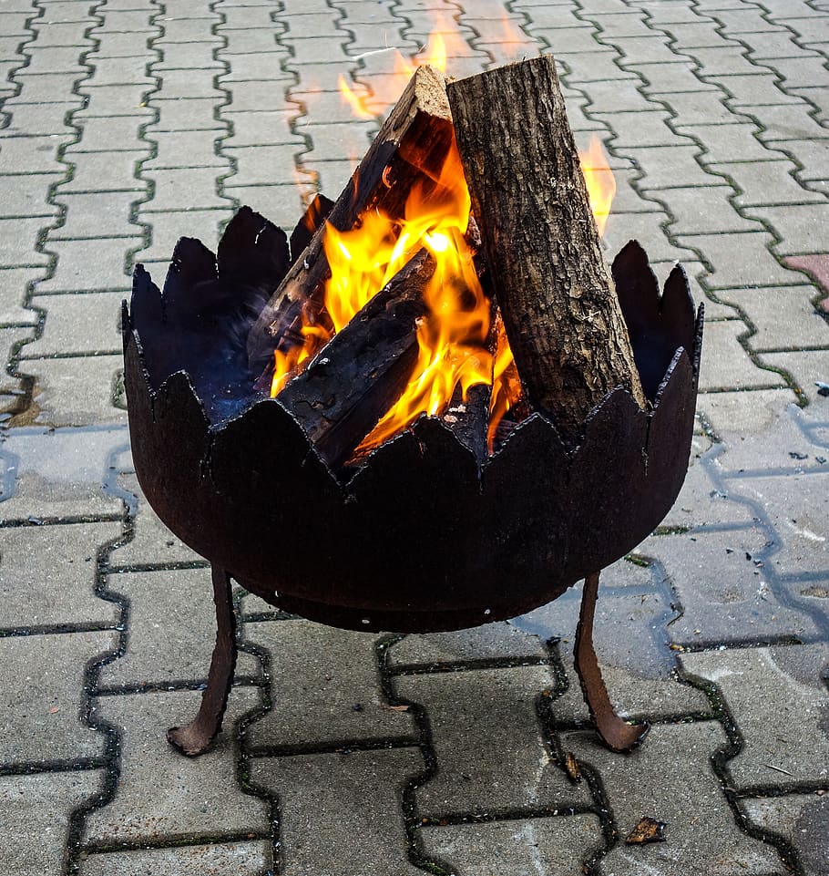 fire, fire bowl, sweden fire, burn, heat, embers, flame, iron bowl, black, firewood