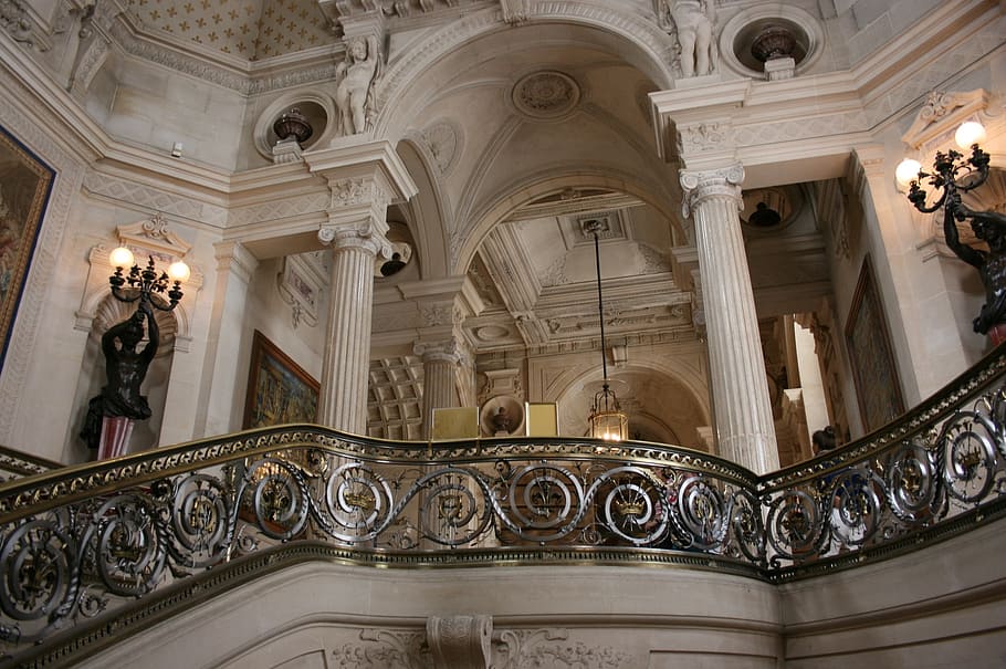 empty, gray, scrolled handrails, château de chantilly, handrail, staircase, france, architecture, built structure, indoors