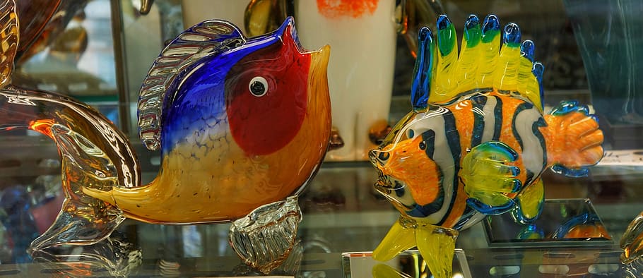 murano, venice, glass, fish, ornaments, colour, animal, animal representation, representation, animal themes