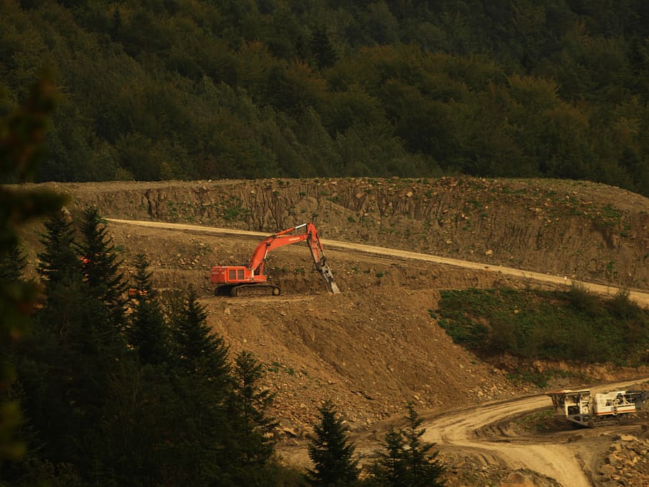 quarry, an open coal mine, the industry, extraction, excavator, industrial landscape, transportation, plant, tree, growth