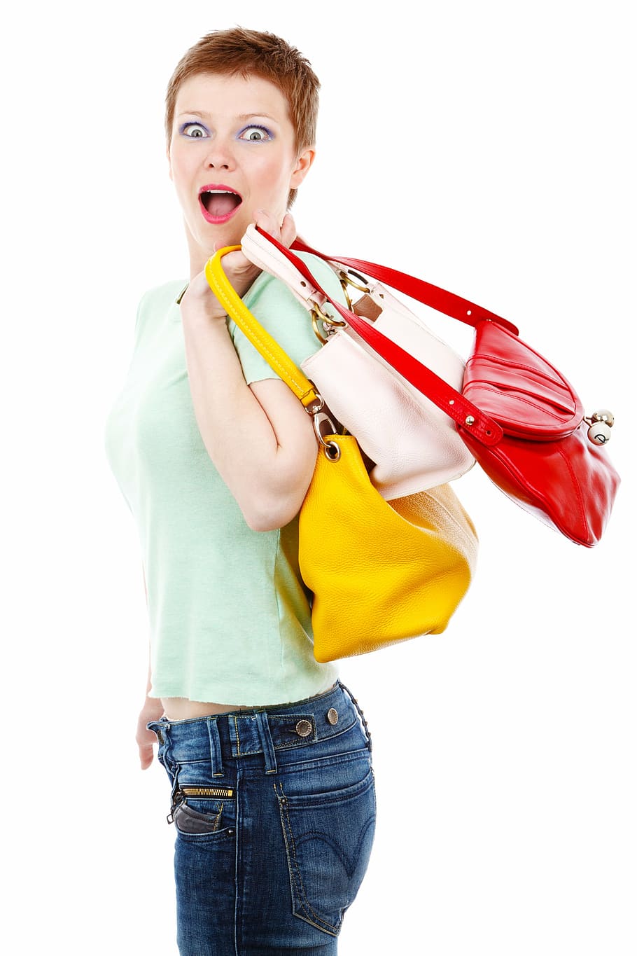 woman, teal polo shirt, denim bottoms, holding, bags, adult, bag, buy, buyer, consumer