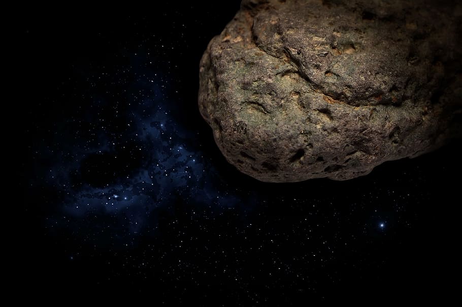 gray stone fragment, background, wallpaper, blue, dark space, asteroid, comet, universe, cosmos, meteorite