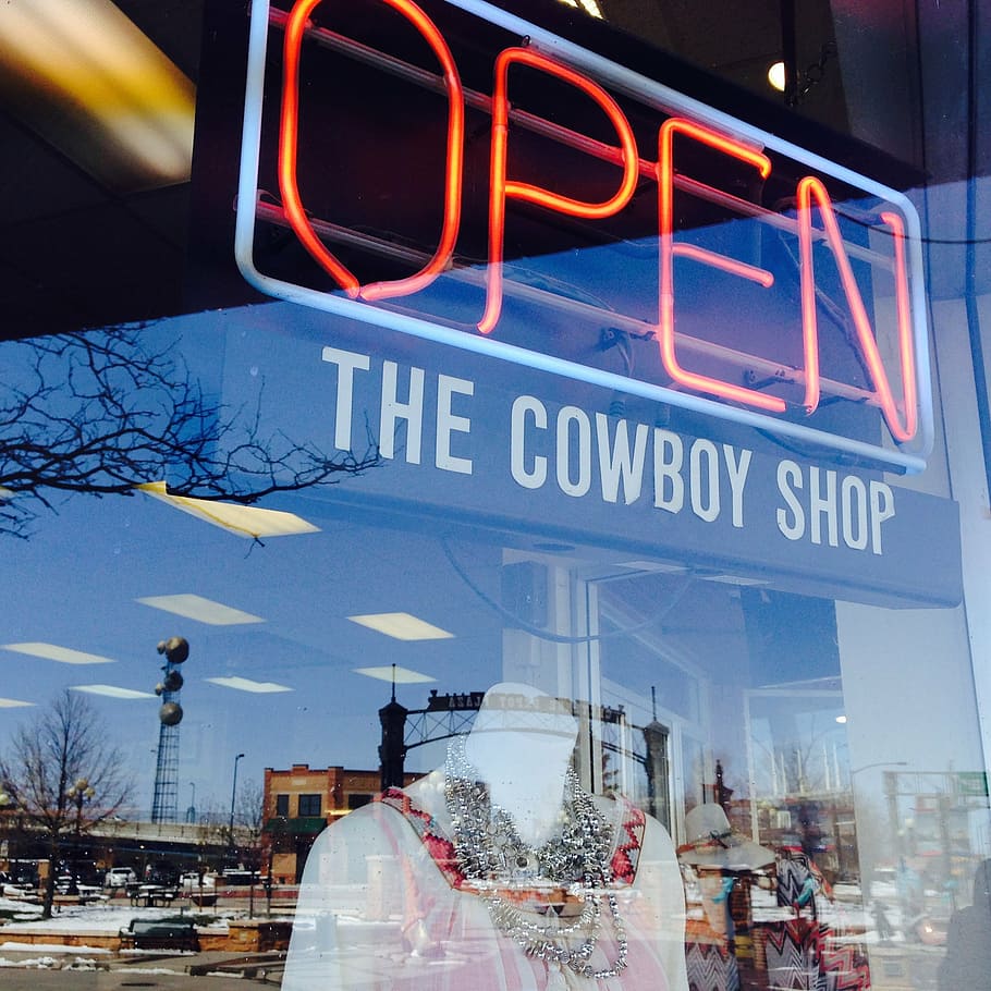 cowboy store, cheyenne, wy, neon, open, neon sign, text, sign, city, building exterior