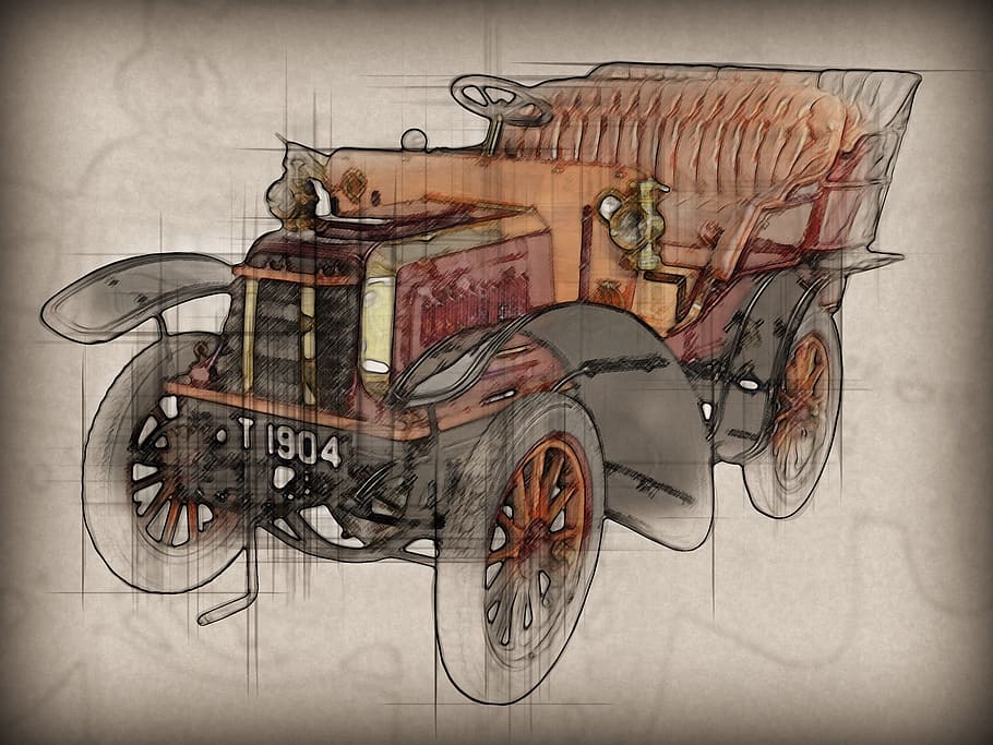 ヴィンテージ, 茶色, 車のイラスト, 車, イギリス車, 古い車, 1904年帝国, 古いタイマー, クライスラー, 輸送