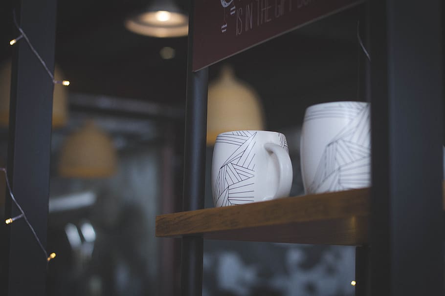 cup, mug, display, wooden, shelf, blur, interior, light, indoors, glass - material