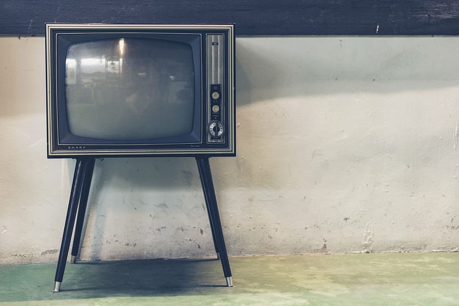 black crt tv, sharp, television, tv, vintage, wall, technology, television set, wall - building feature, old