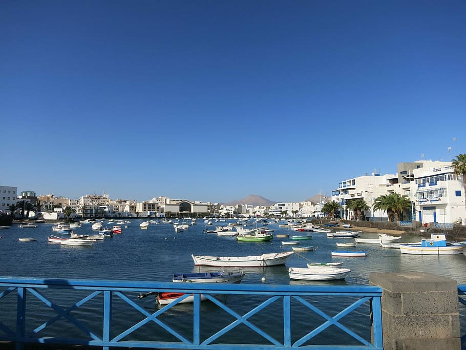 Lanzarote, puerto, barcos, Arrecife, paisaje urbano, ciudad, mar, exterior del edificio, azul, arquitectura