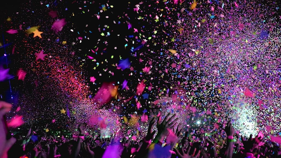 people, standing, front, stage, nighttime, concert, confetti, party, event, club