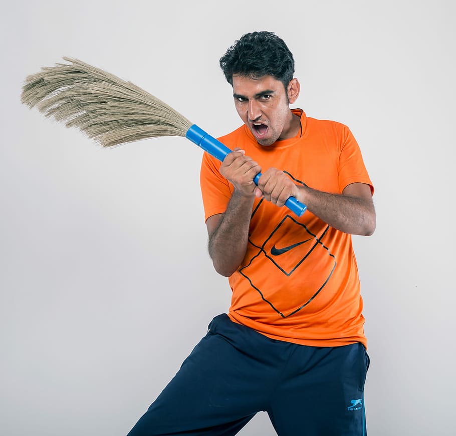 Man, Clean, Indian, Asian, Fight, Ready, indian, asian, power, broom, active