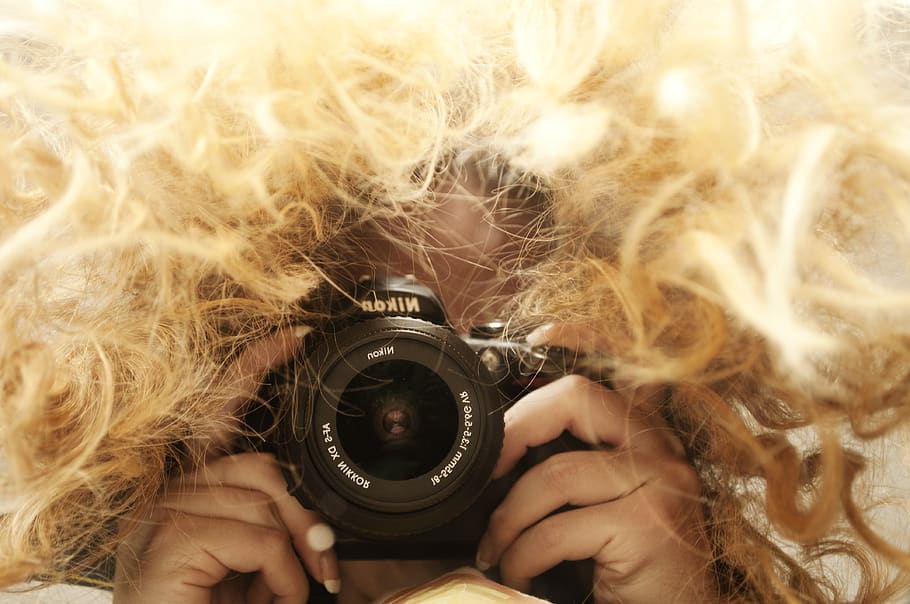 woman, taking, photographer, messy, hair, dslr, holding, camera, girl, selfie