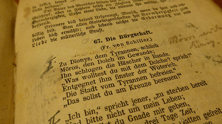 book page close-up photo, book, poem, old book, friedrich schiller, notes, textbook, read, antiquarian, used books