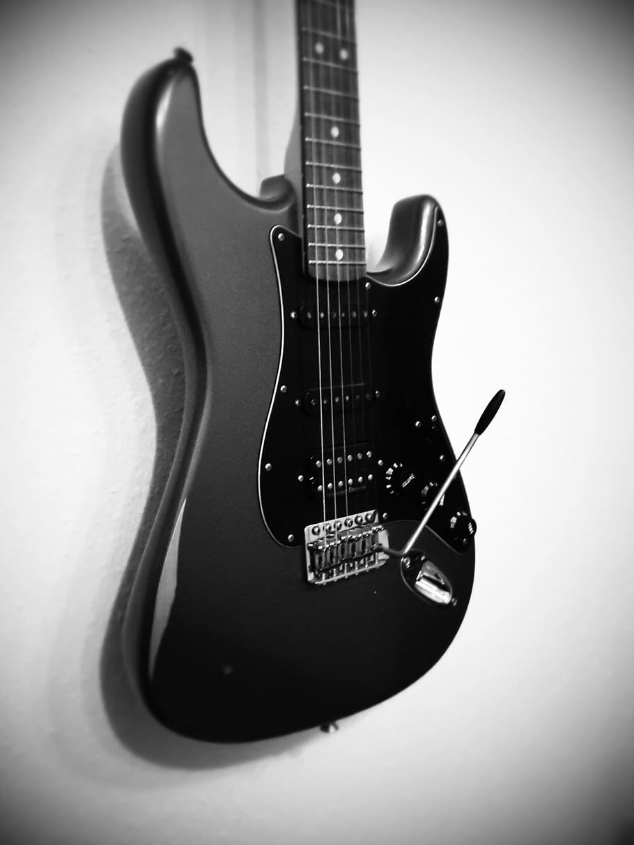 guitar, electric guitar, black white, stratocaster, string instrument, music, musical instrument, musical equipment, arts culture and entertainment, string