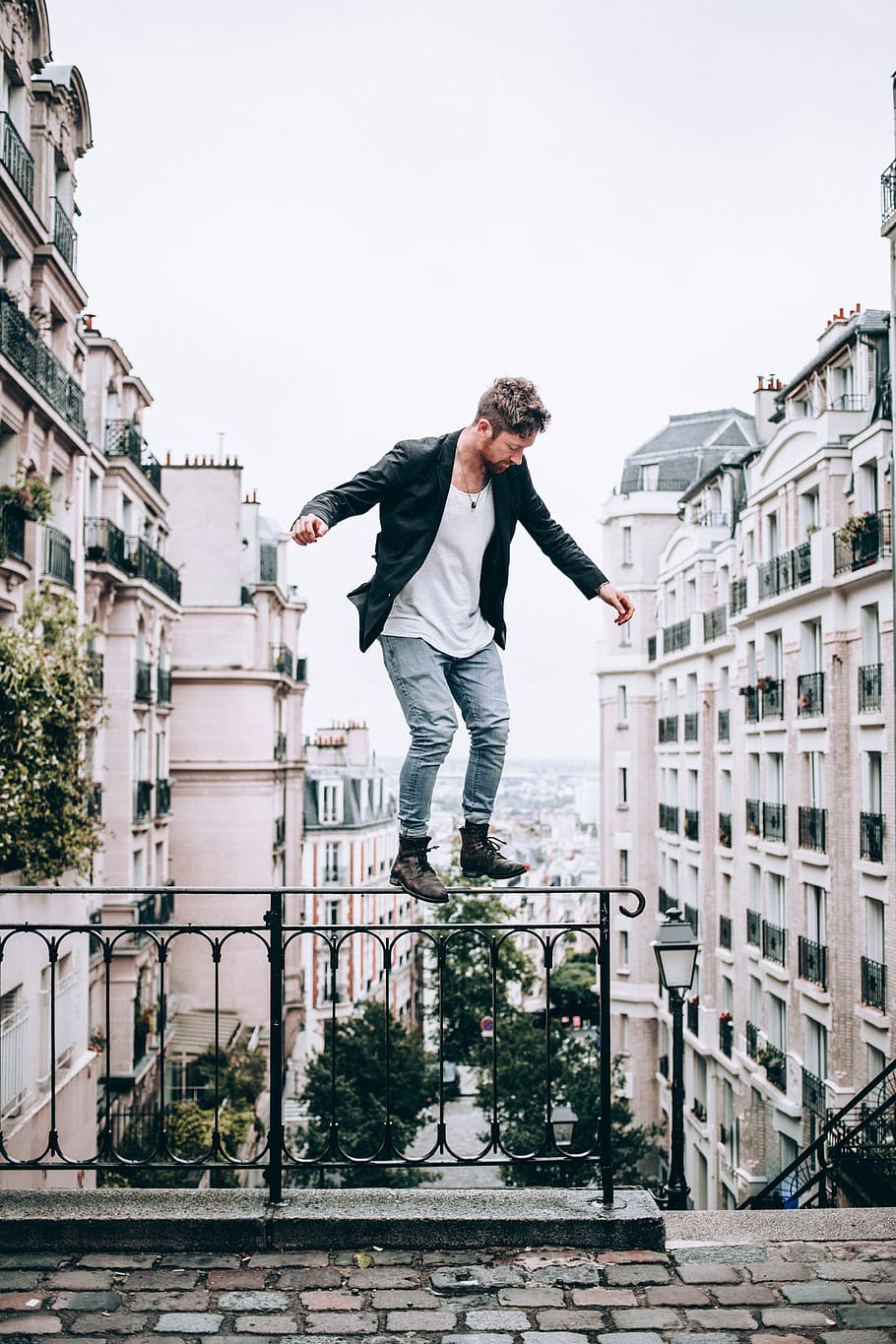 man, fashion, balancing, city, buildings, standing, person, architecture, outdoors, risk