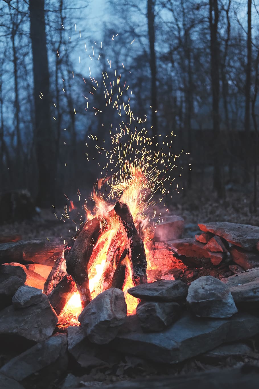 nature, fire, bonfire, camp, outdoor, woods, forest, spark, stone, wood