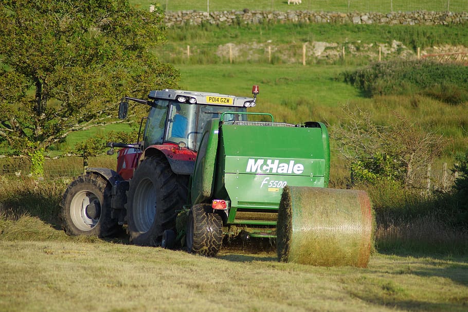 baling, hay, tractor, bale, baler, grass, agriculture, country, agricultural, farming