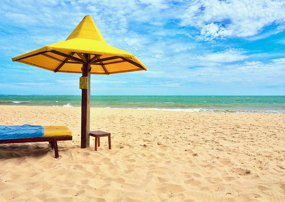 yellow, umbrella, seashore, sand, beach, sun, sea, ocean, land, sky