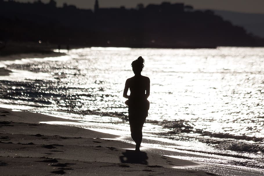silhouette, woman walker, sand, sea, person, human, female, beach, woman, young