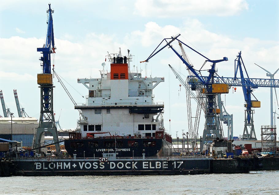 dry dock, same 17, blohm voss, same 17 in the port of hamburg, cranes, repair, renewal, industry, nautical vessel, machinery