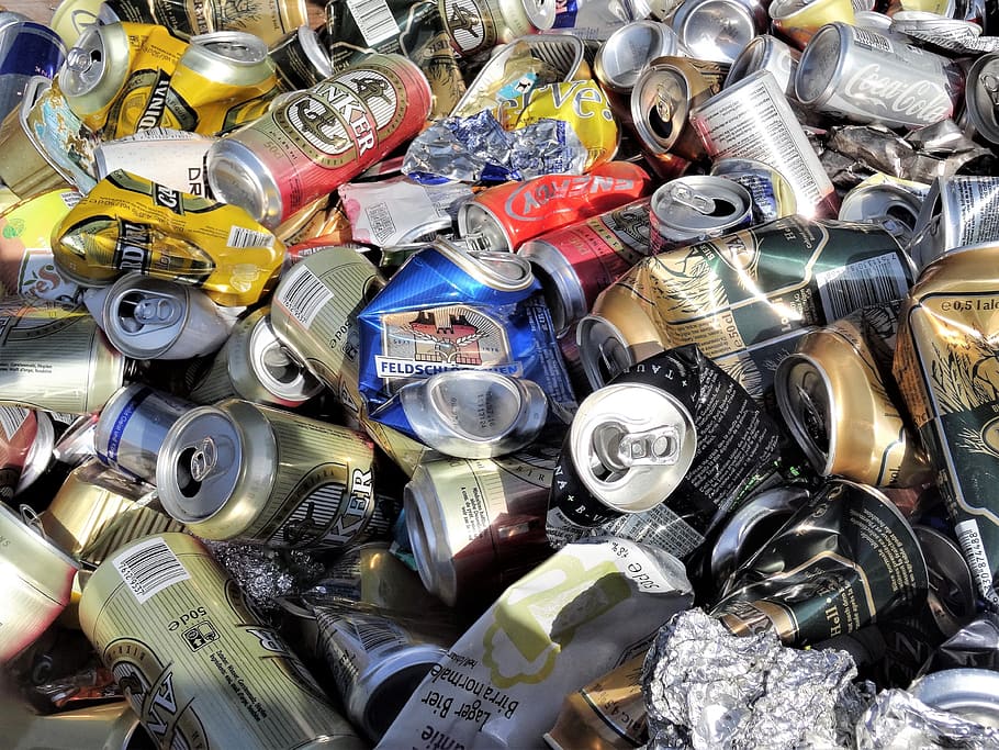 sheet, alu, cans, garbage, dispose of, disposal, aluminium, beverage can, box, full frame