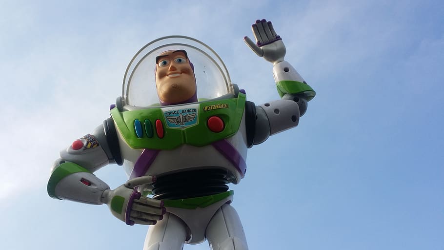 buzz, toys, toy story, sky, disney, space suit, low angle view, representation, human representation, clear sky