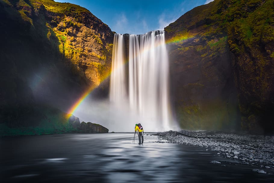 rainbow, Waterfalls, Iceland, nature, adventure, landscape, waterfall, water, outdoors, river
