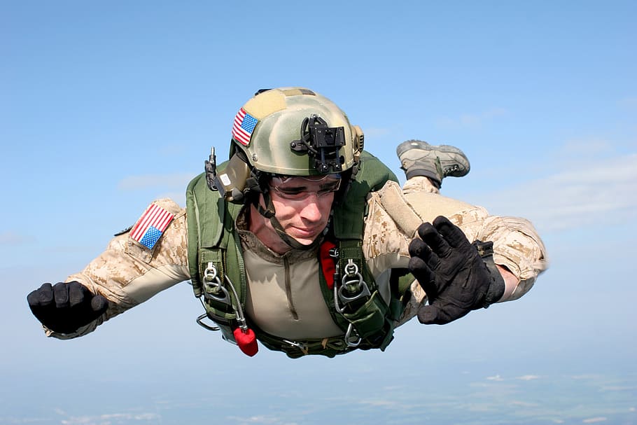man, wearing, green, helmet, parachute, skydiving, parachuting, jumping, training, military