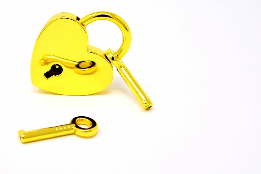 gold padlock, key, white, surface, key to the heart, love, castle, symbol, heart, valentine's day