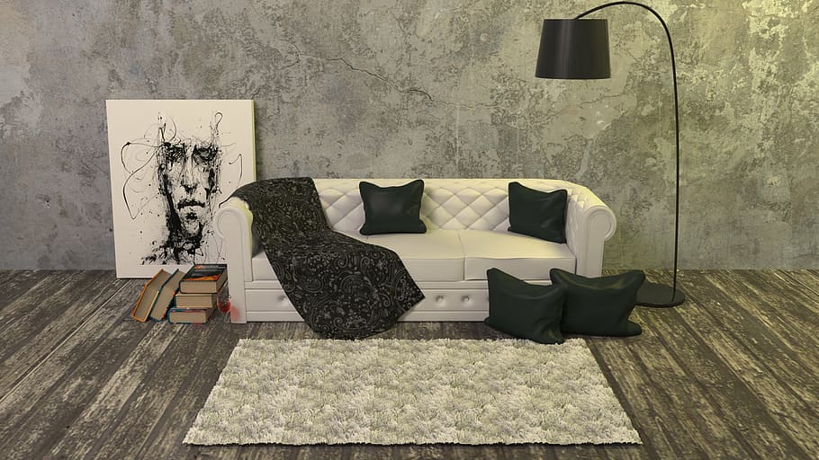 white, leather 3- seat sofa, 3-seat, four, black, pillows, floor lamp, books, carpet, couch