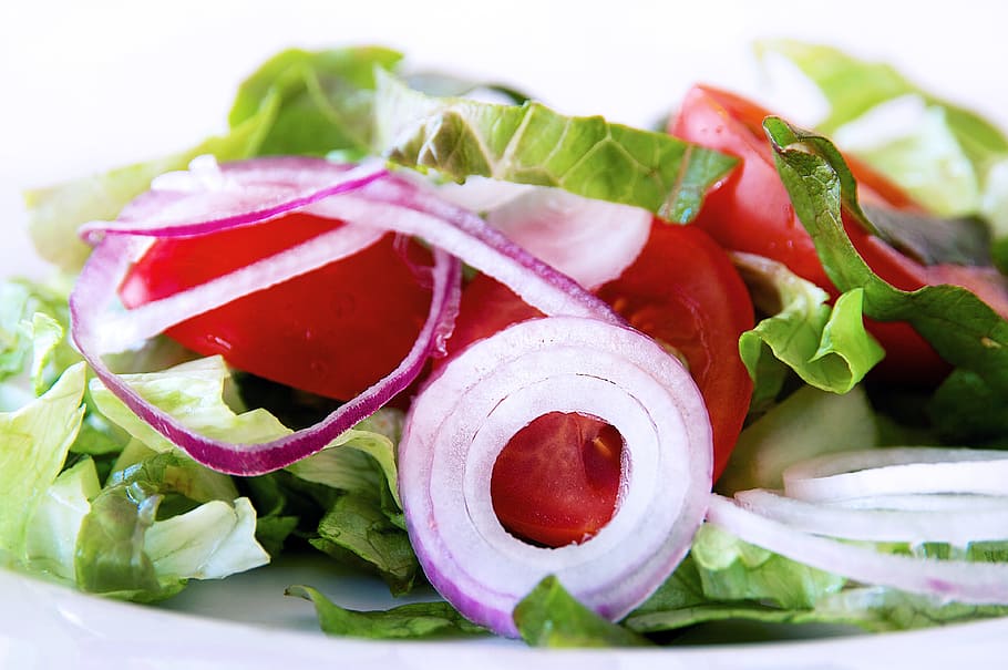 salad, greet, food, leaf, vegetable, onion, tomatoes, green, red, rosa